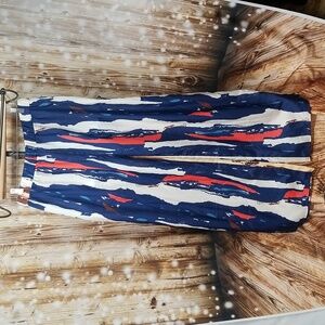 Blue/Cream/Coral Abstract Print Women's XXL Fun Elastic Waist Wide Leg Bottoms